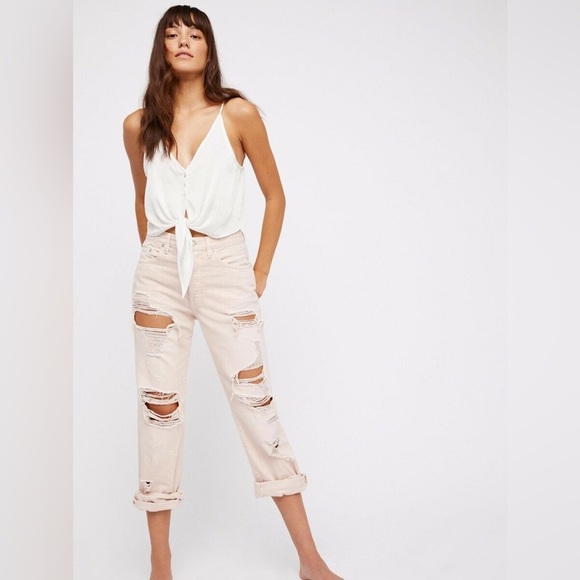 We The Free People Destroyed Boyfriend Jeans Light Pink Size 30 Distressed - Picture 1 of 10